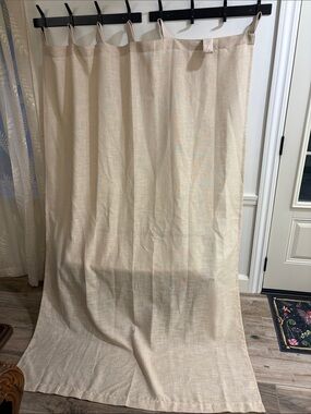 8 panels-  50 inches wide x 84 inches long. Neutral Beige Tab-Top Curtain Panel